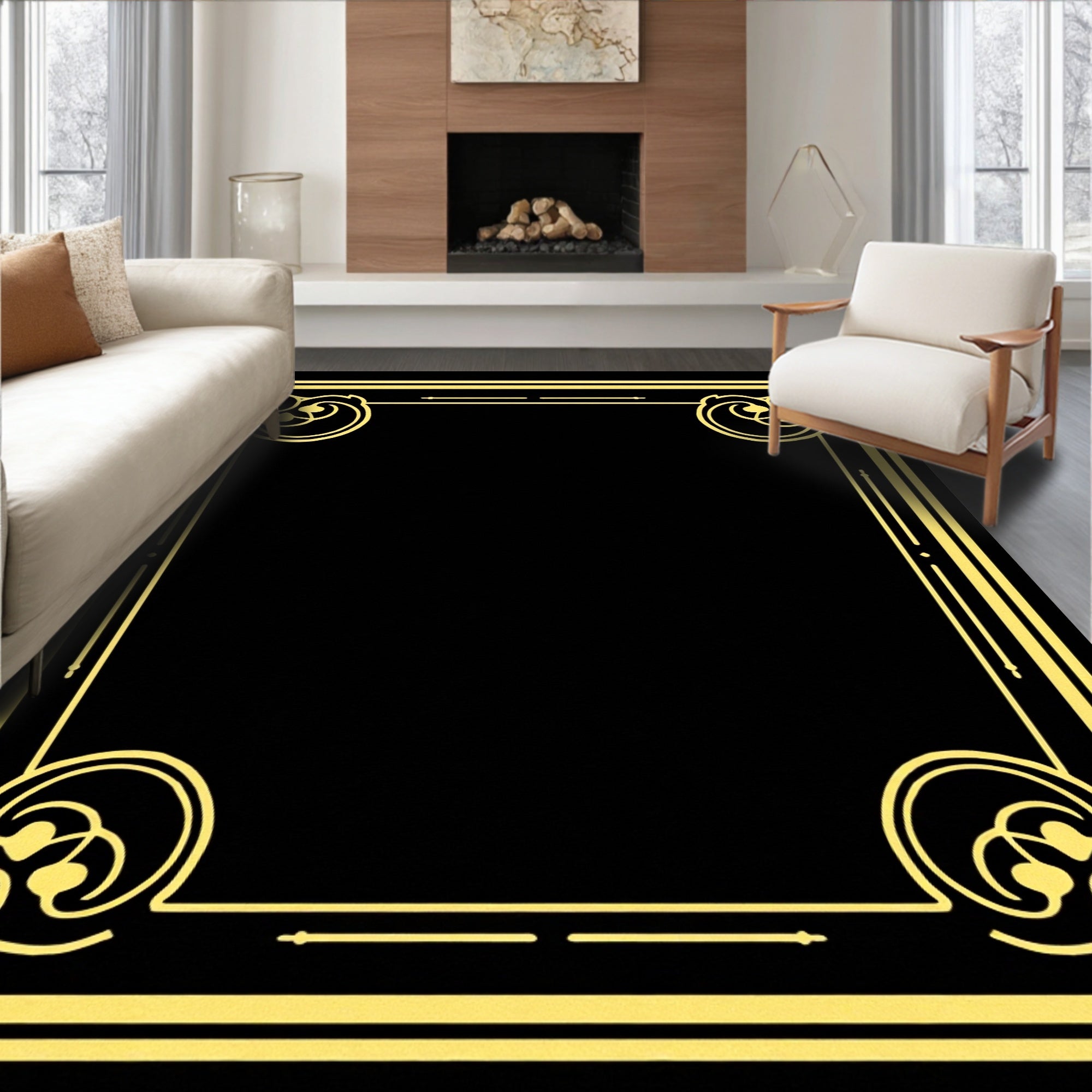 Elegant Golden Swirl Art Deco Design Rug