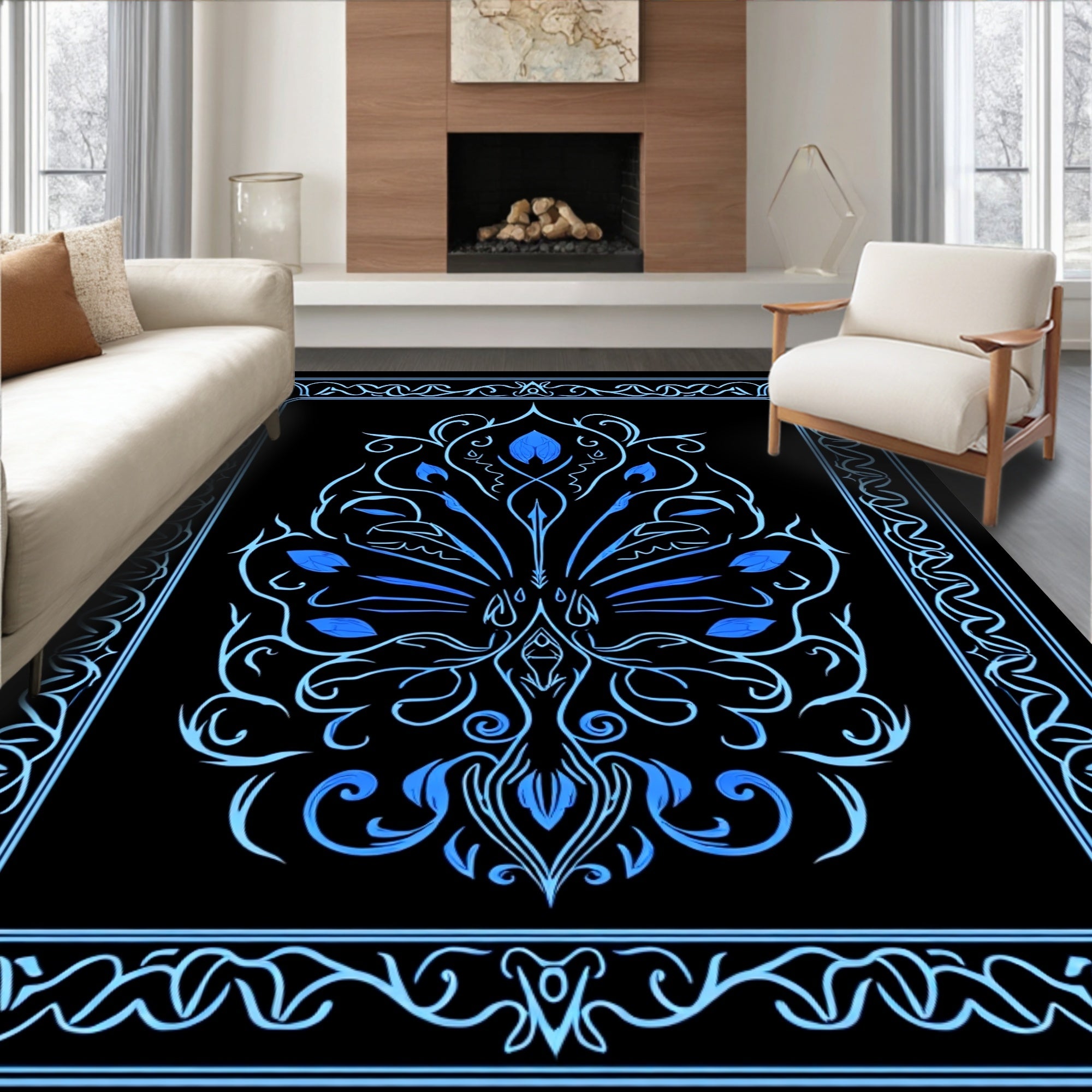 Ornate Blue Floral Scrollwork Design Rug