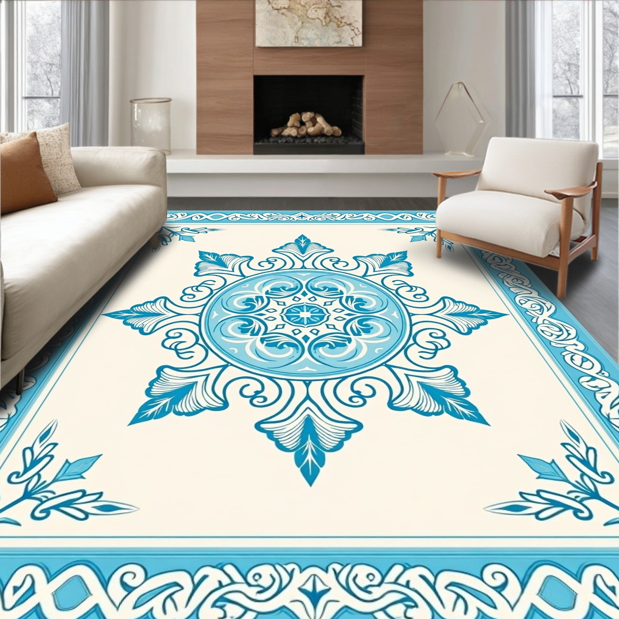 Blue Floral Medallion Border Rug