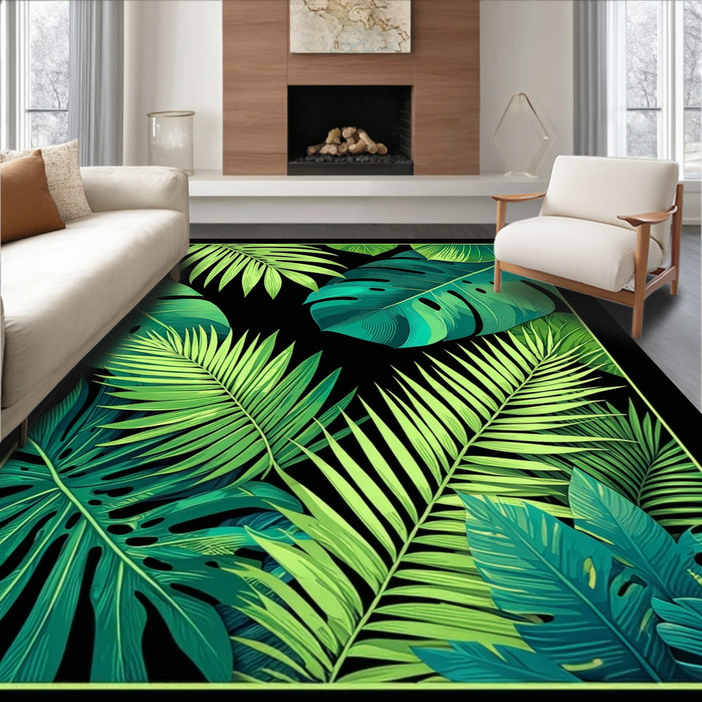 Emerald Lush Tropical Leaf Pattern Rug