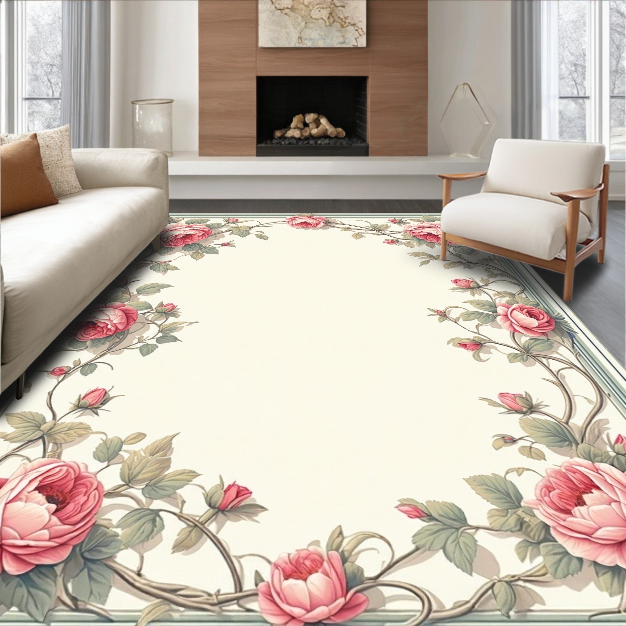 Romantic Pink Roses Floral Vine Design Rug