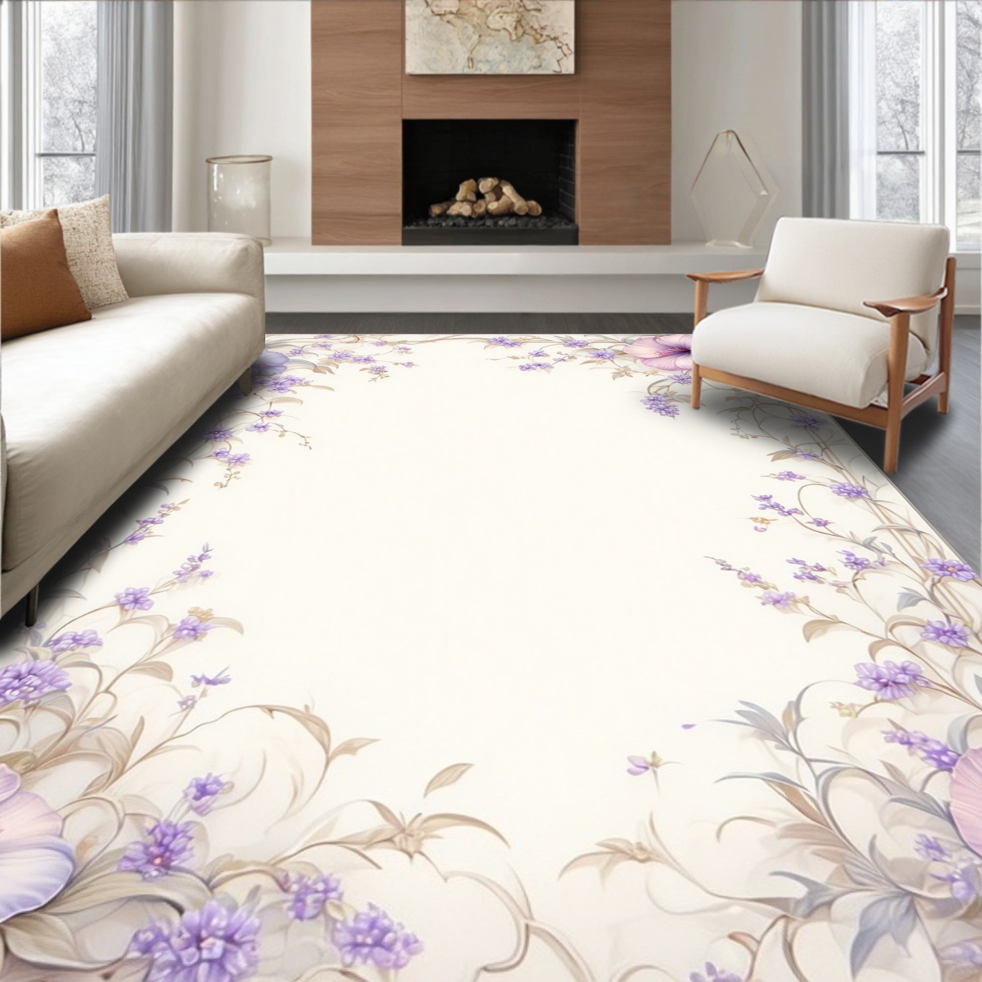 Lavender Floral Vines Watercolor Rug