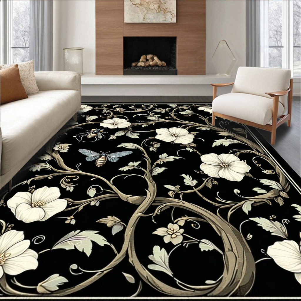 Black Floral Insect Botanical Design Rug