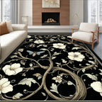 Black Floral Insect Botanical Design Rug