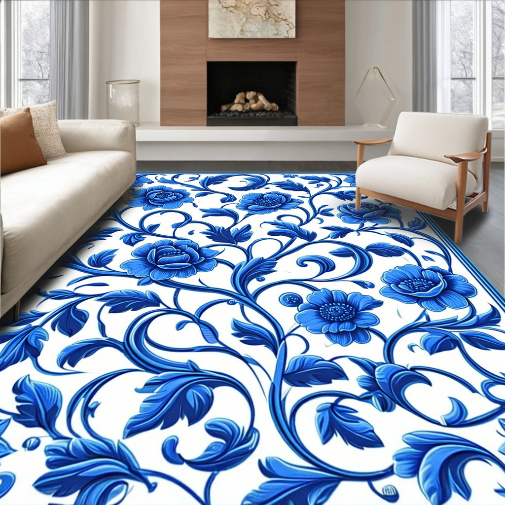 Blue Floral Scroll Pattern Rug