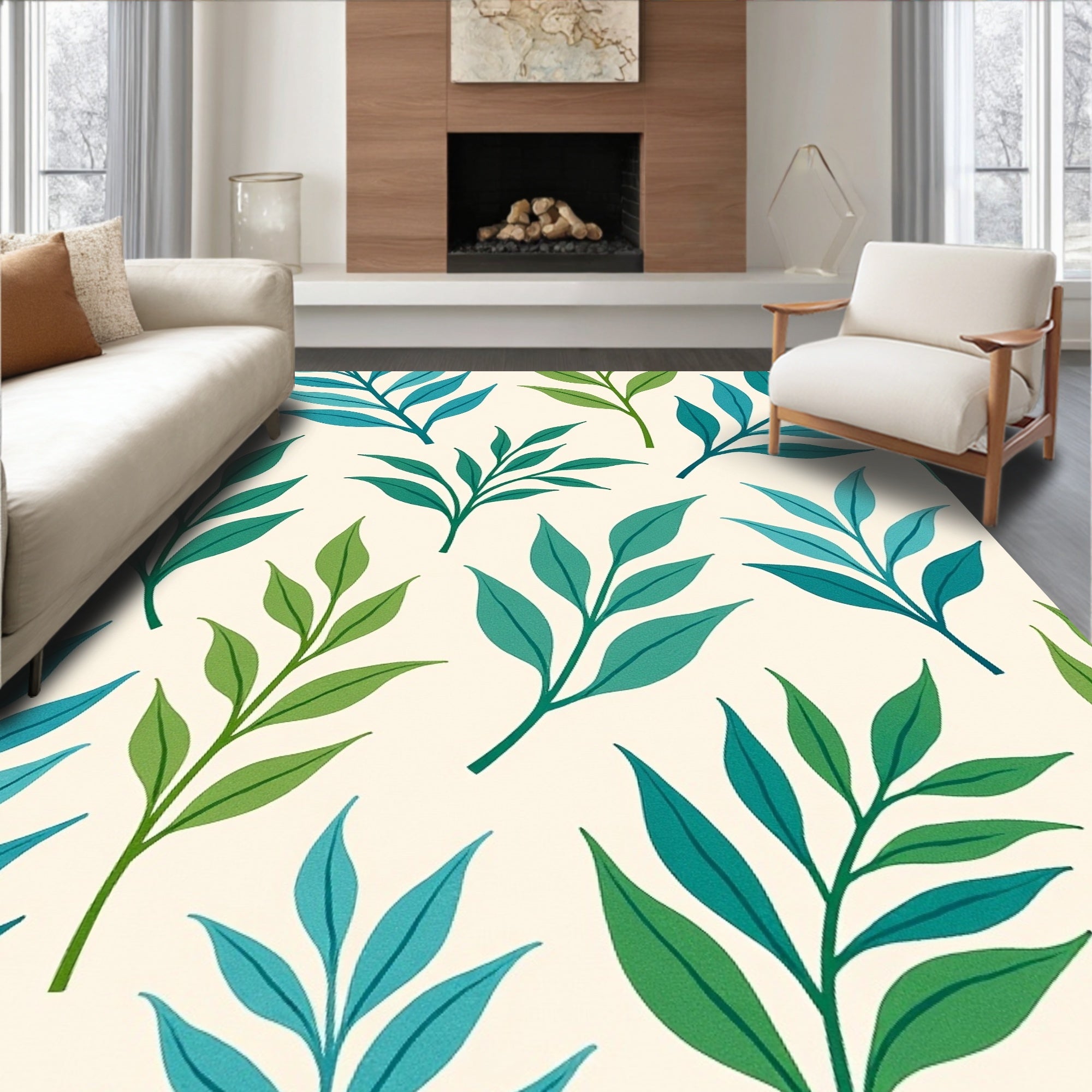 Teal Green Leafy Branch Pattern Rug