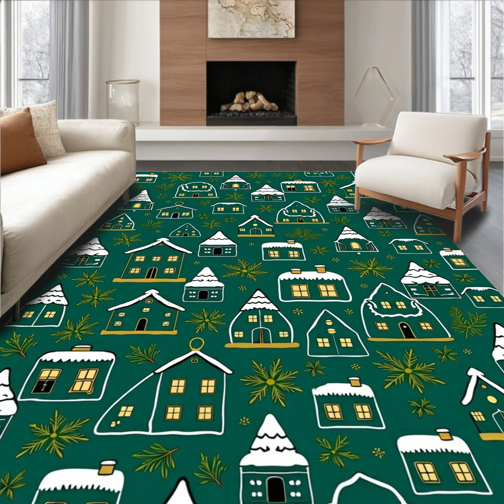 Winter Village Houses Snowy Evergreen Whimsical Rug
