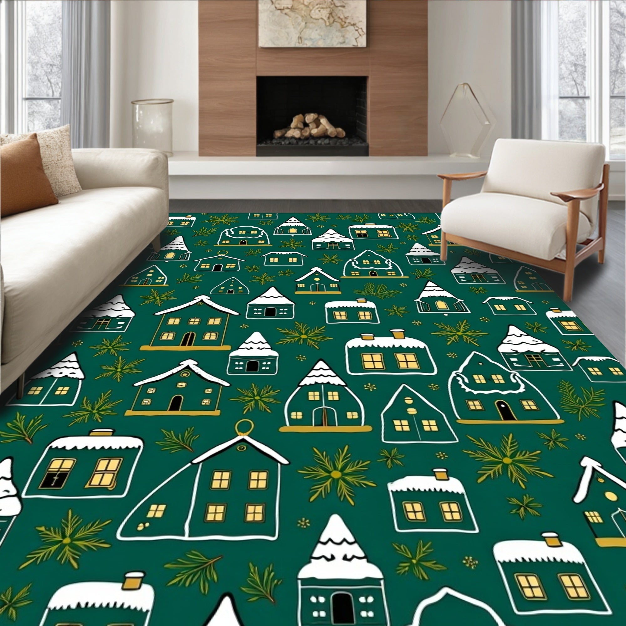 Winter Village Houses Snowy Evergreen Whimsical Rug