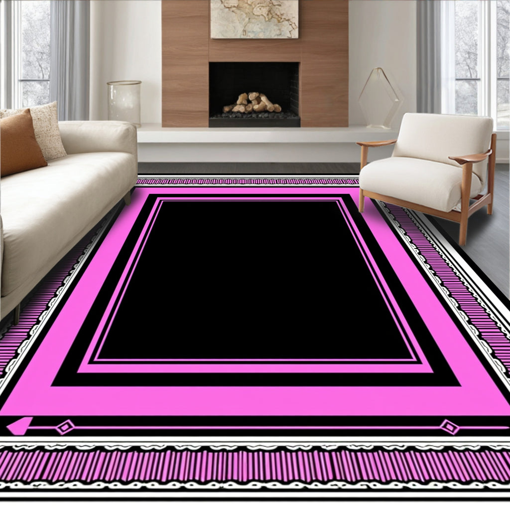 Pink Geometric Bordered Black Rug