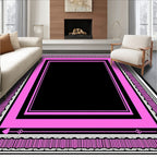 Pink Geometric Bordered Black Rug