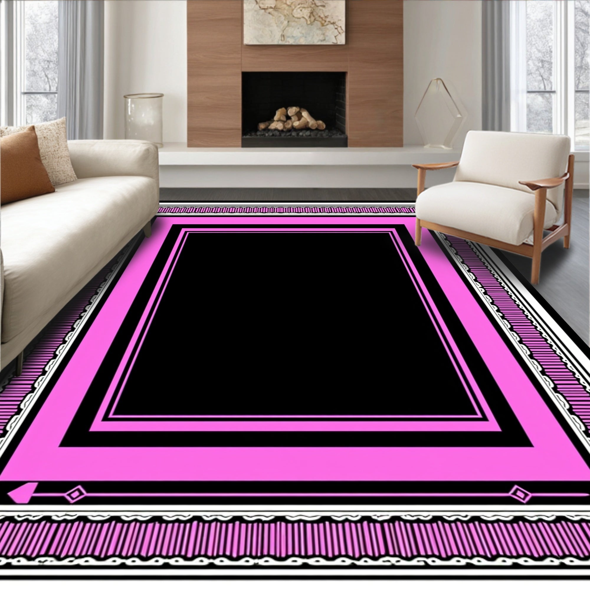 Pink Geometric Bordered Black Rug