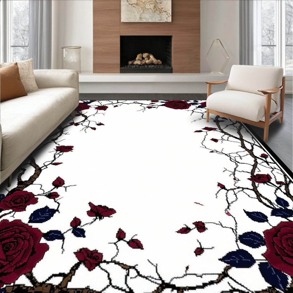 Dark Rose Vine Botanical Pattern Rug