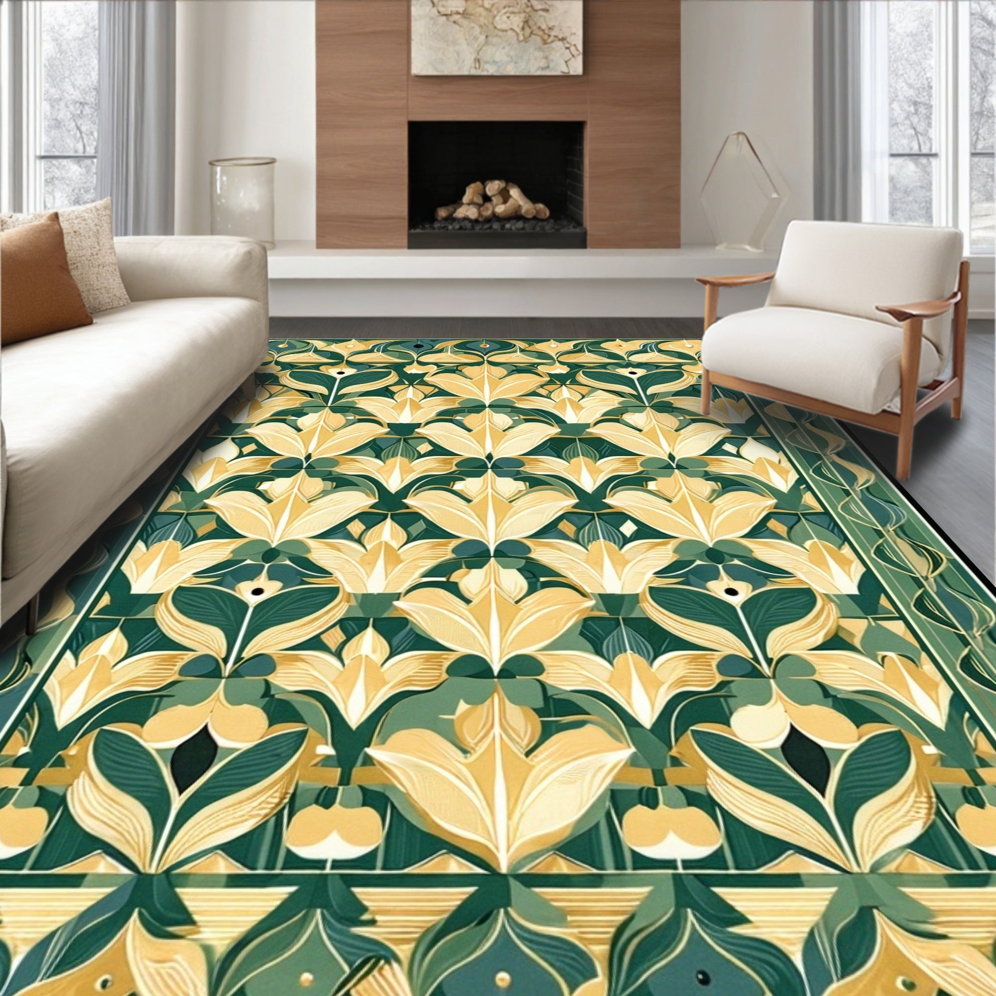 Art Nouveau Floral Motif Green Gold Rug