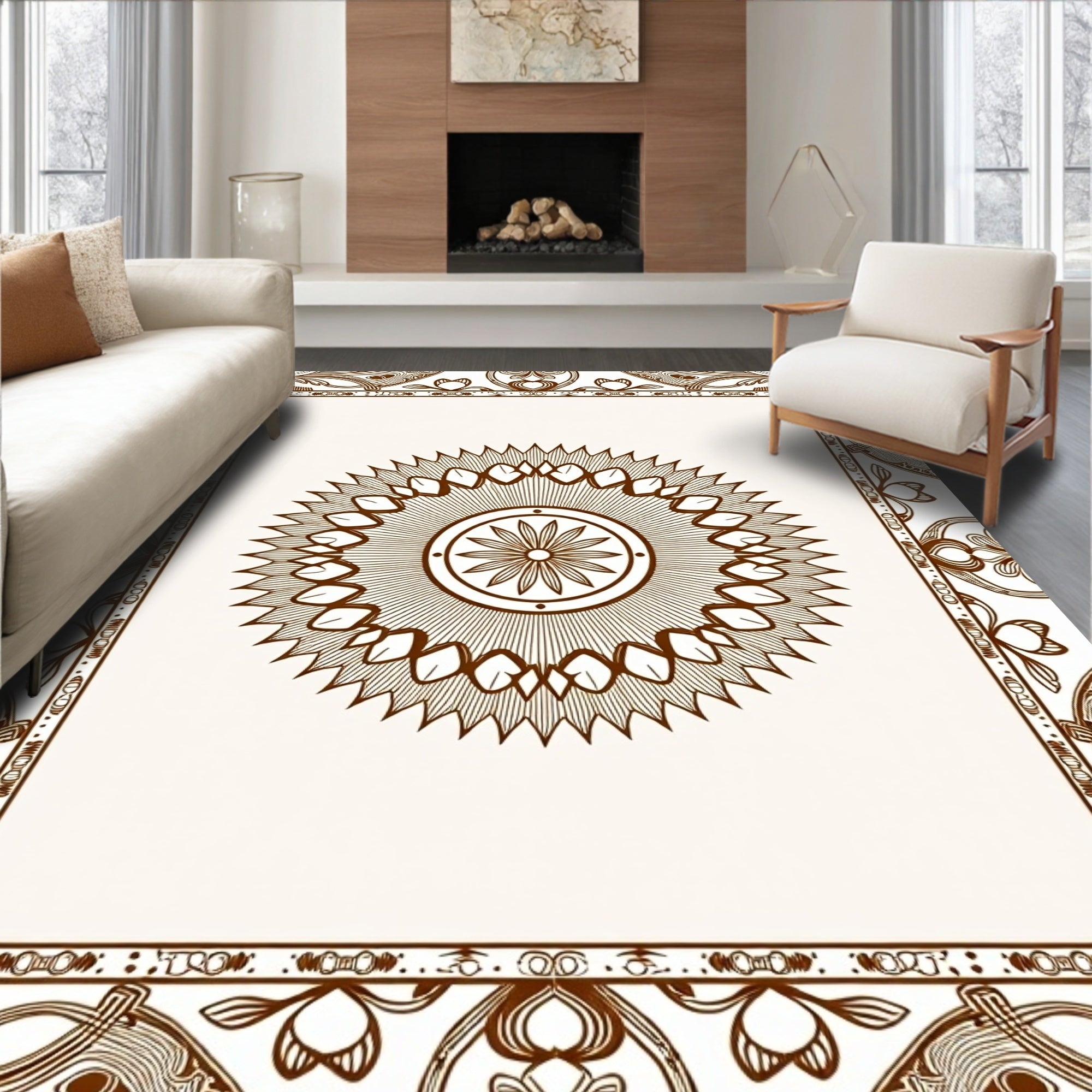 Brown Floral Medallion Frame Rug