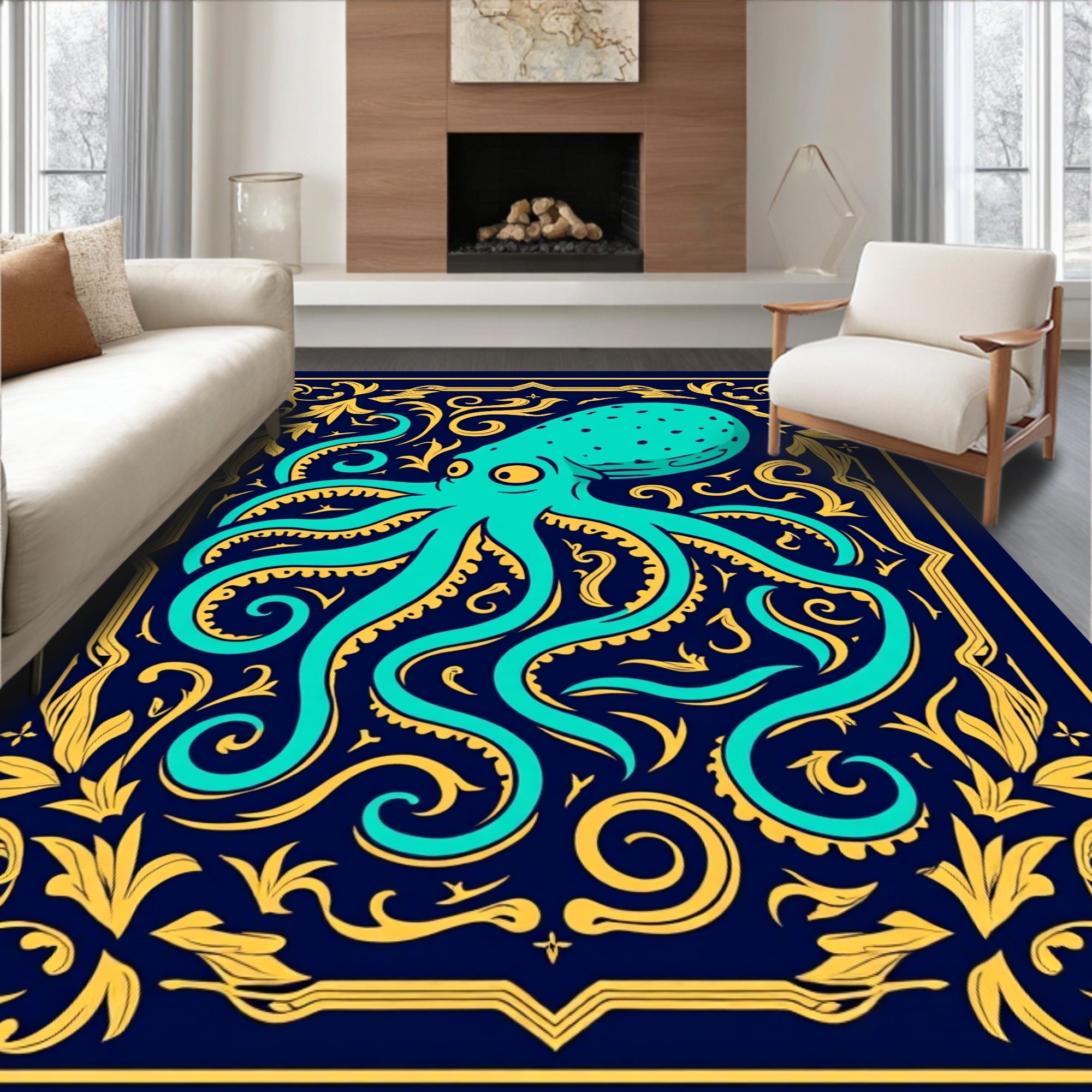 Aquatic Octopus With Regal Flourishes Rug