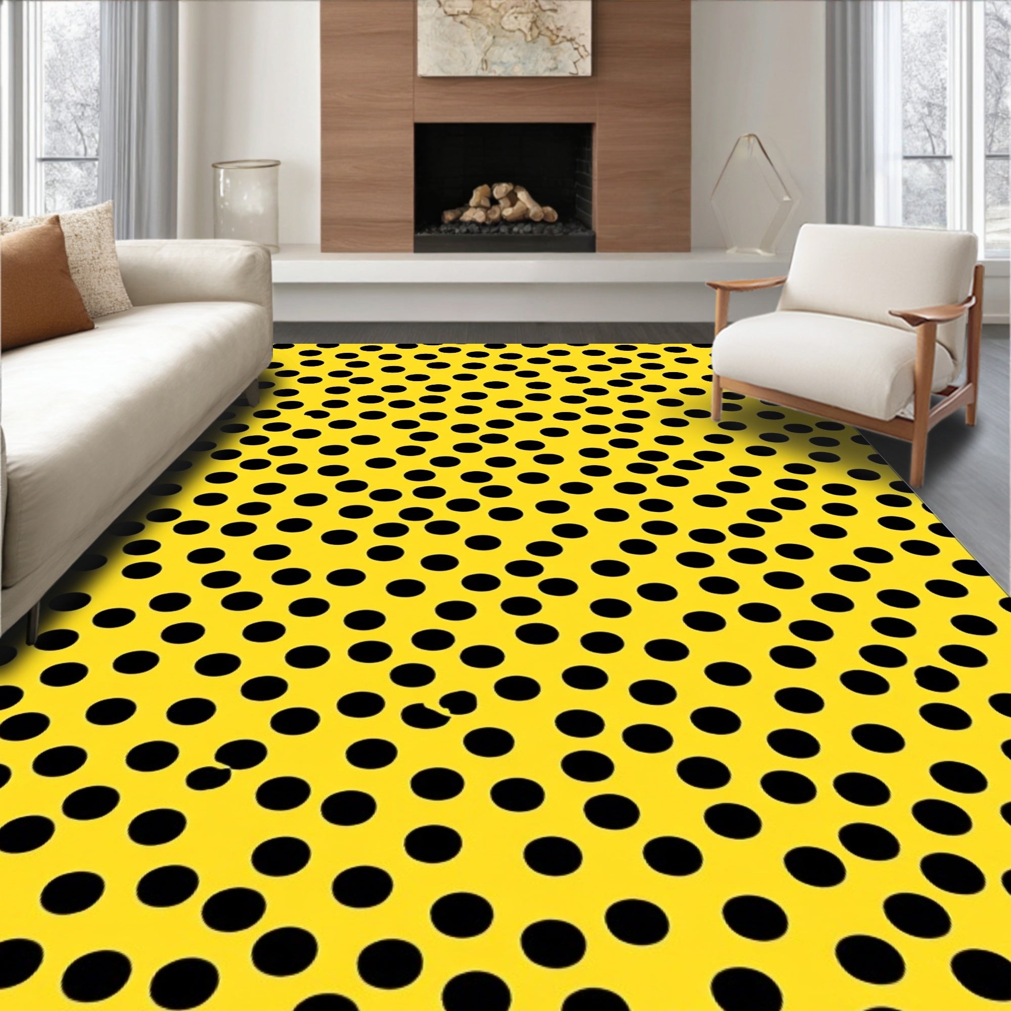 Bold Yellow Black Polka Dot Design Rug