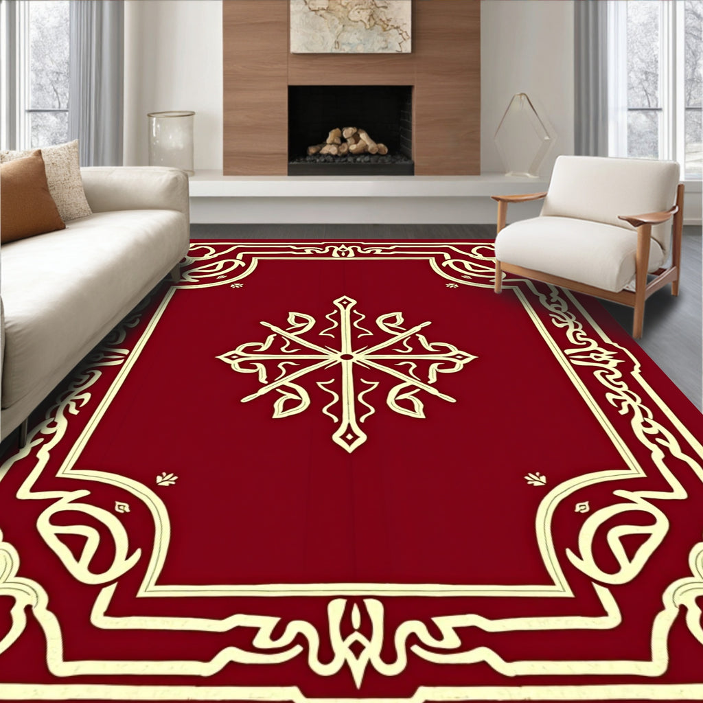 Elegant Red Cream Scroll Border Design Rug