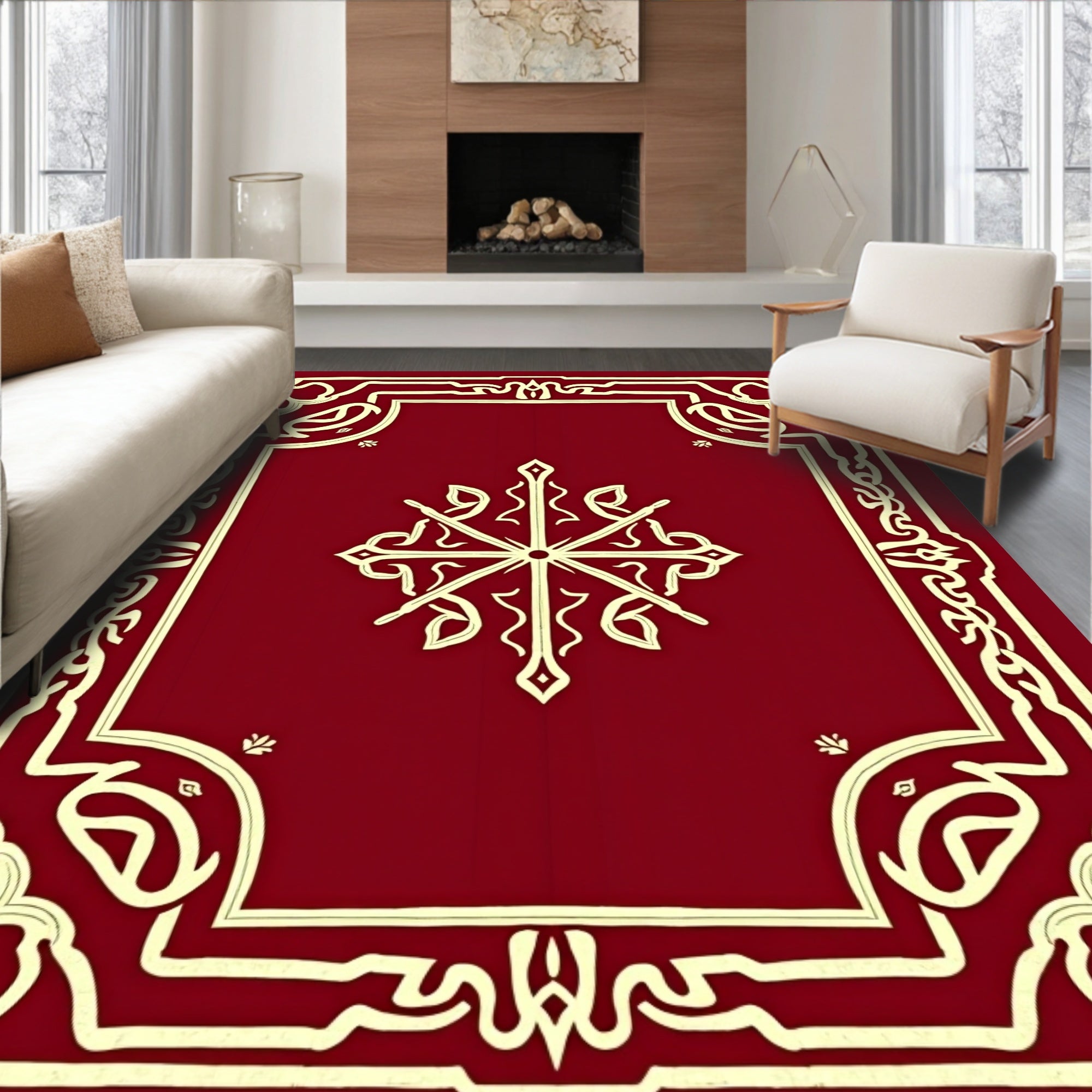 Elegant Red Cream Scroll Border Design Rug