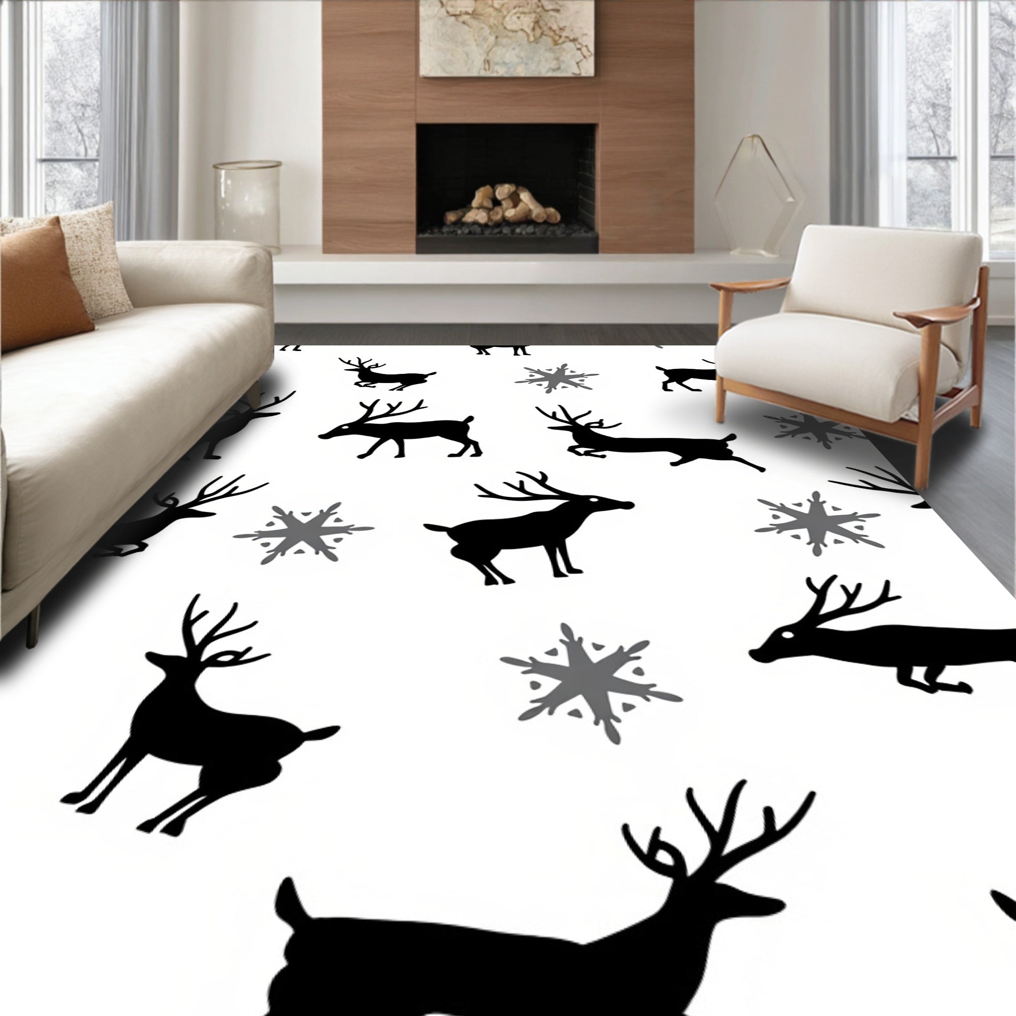 Black Winter Deer Snowflake Whimsy Rug