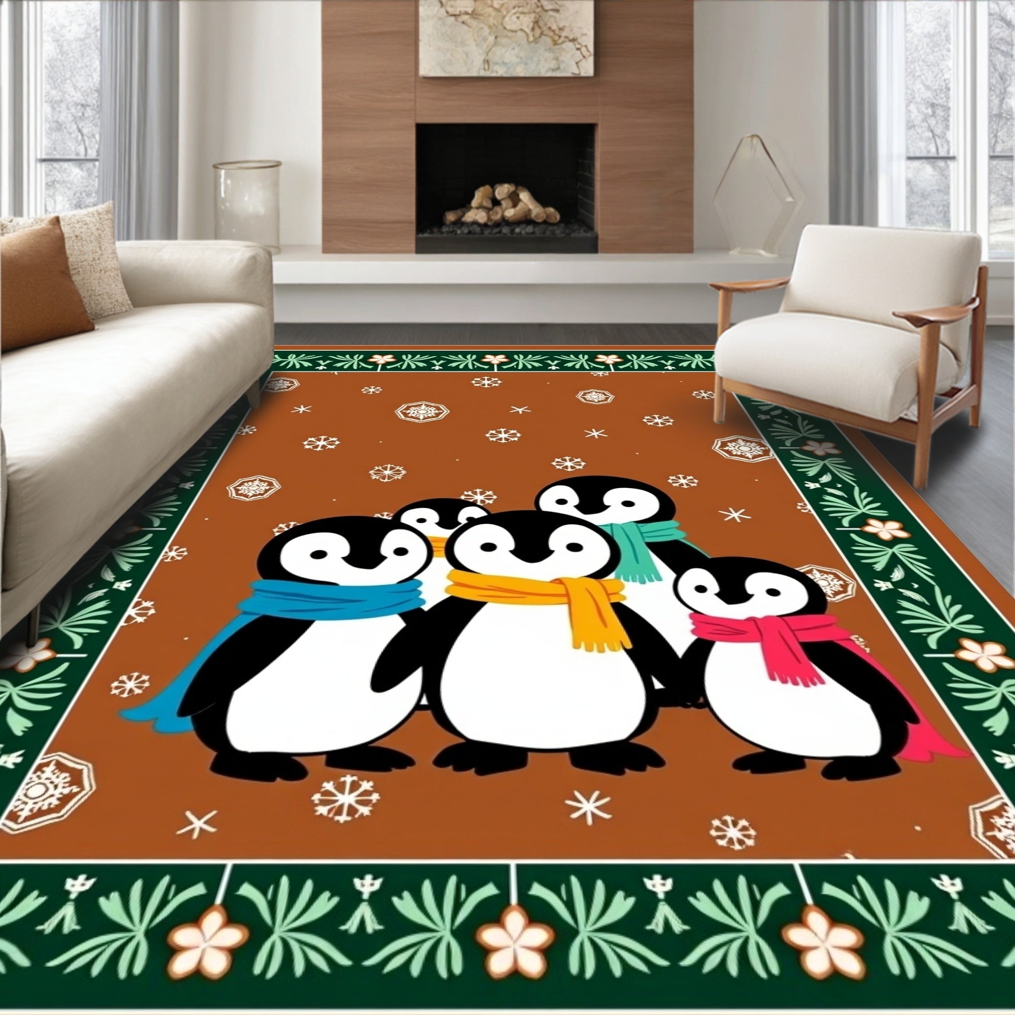 Whimsical Penguin Family Snowflake Border Rug