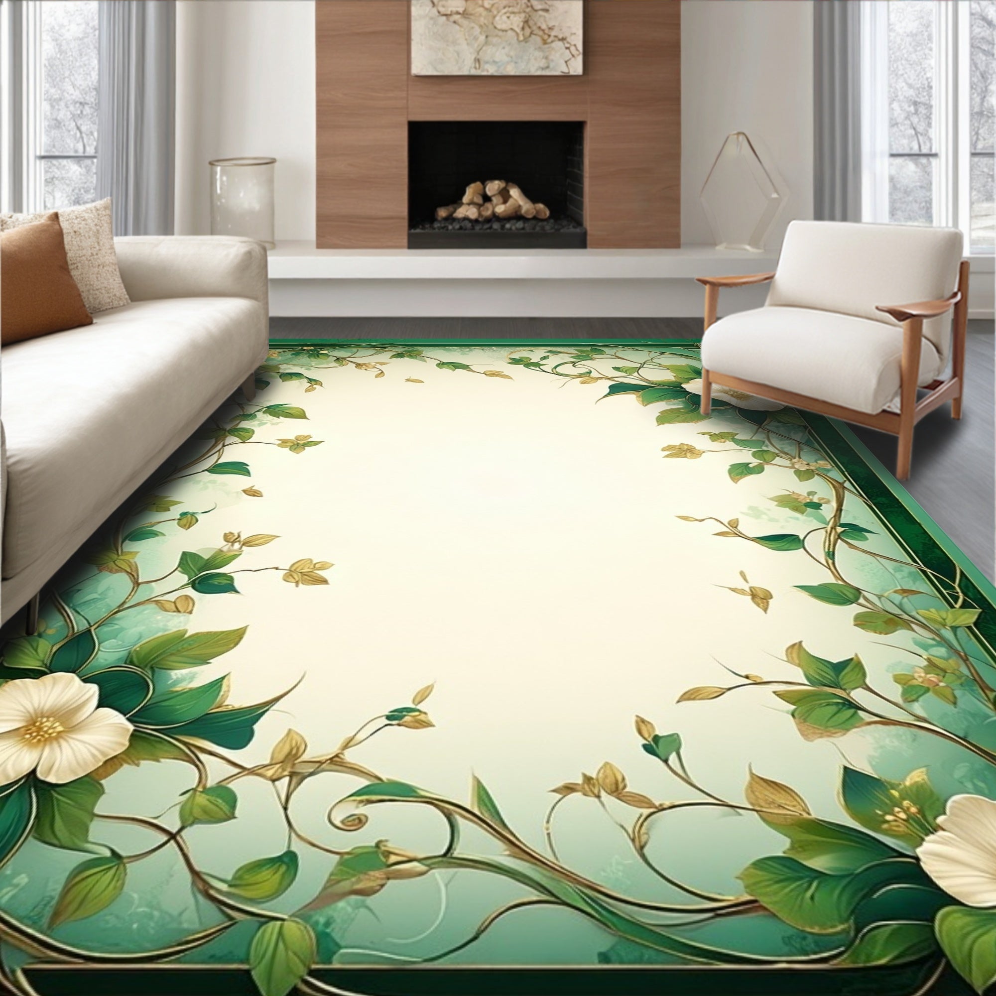Elegant Green Floral Vines Rug