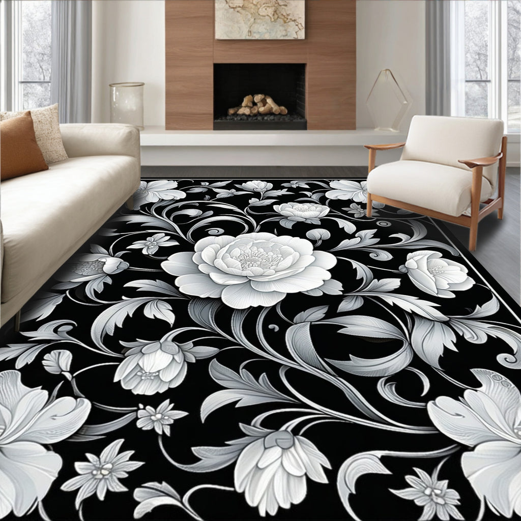 Elegant Black White Floral Scrollwork Rug