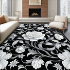 Elegant Black White Floral Scrollwork Rug