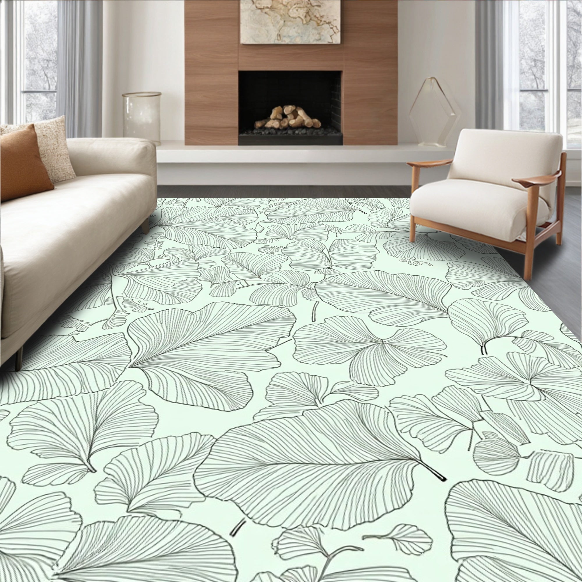 Line Art Ginkgo Leaf Pattern Rug