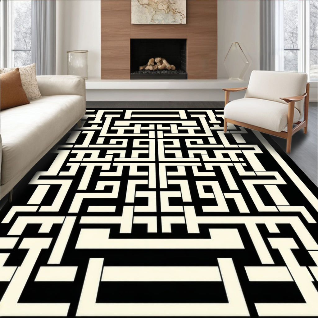 Black Cream Intricate Geometric Pattern Design Rug