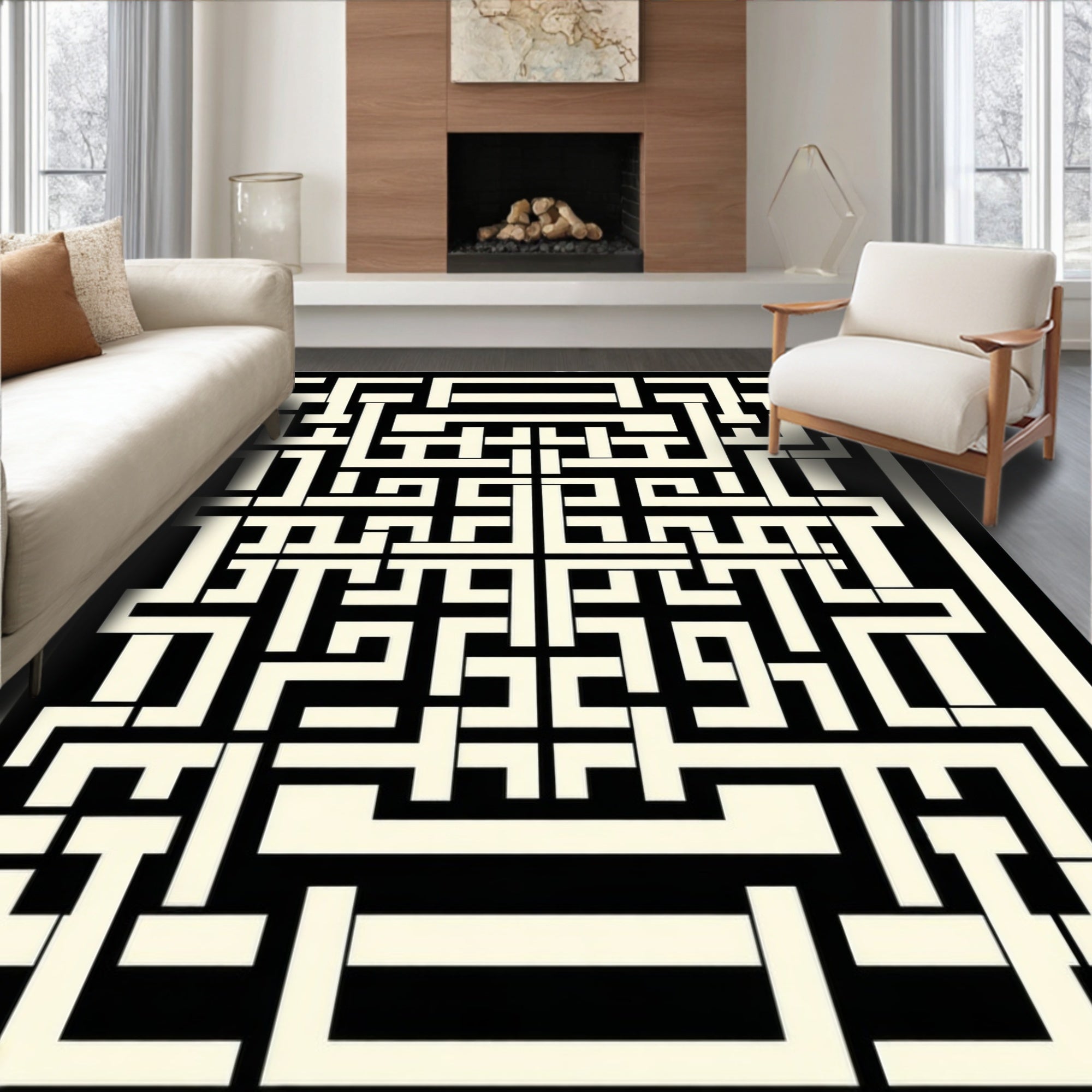 Black Cream Intricate Geometric Pattern Design Rug