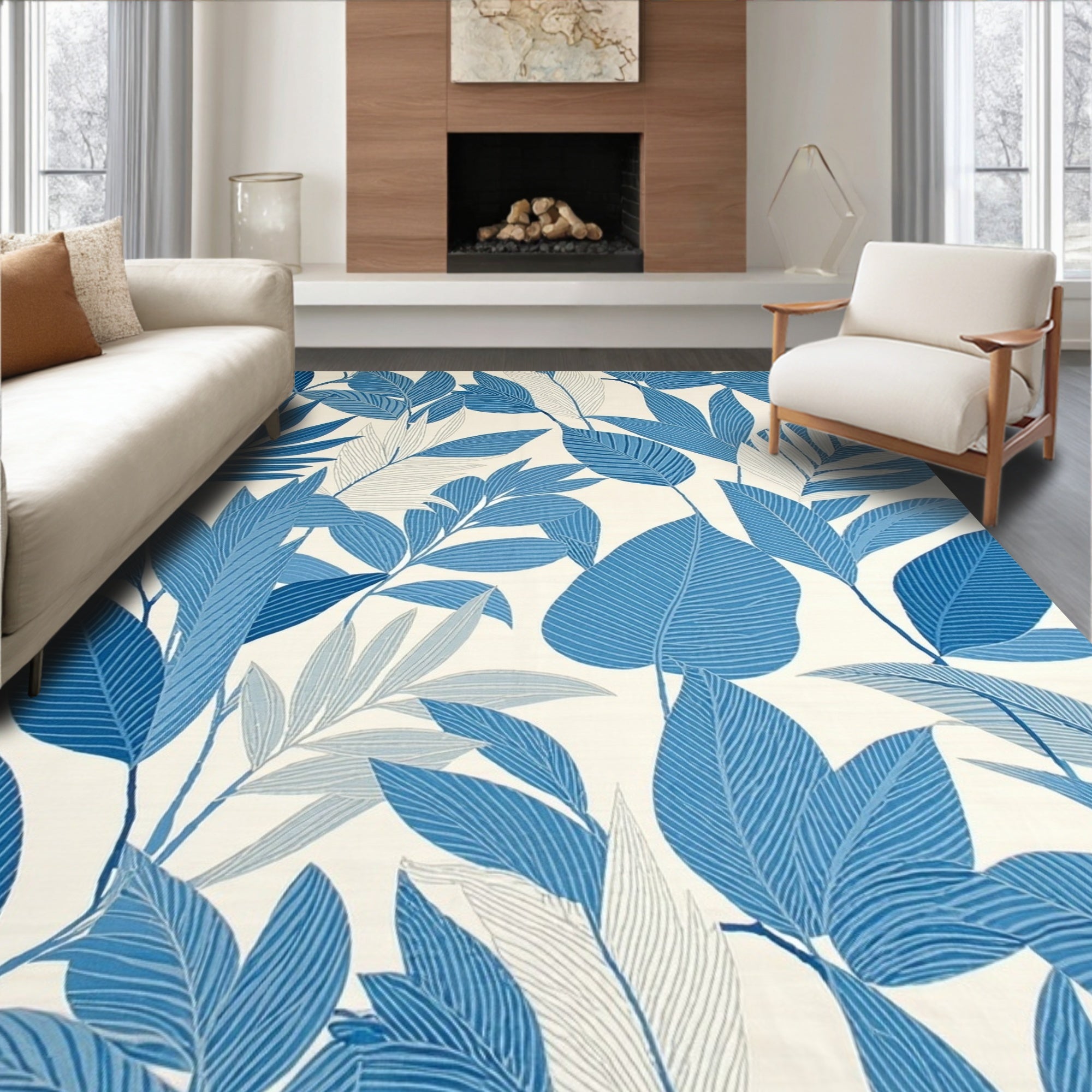 Blue Leafy Tropical Pattern Rug