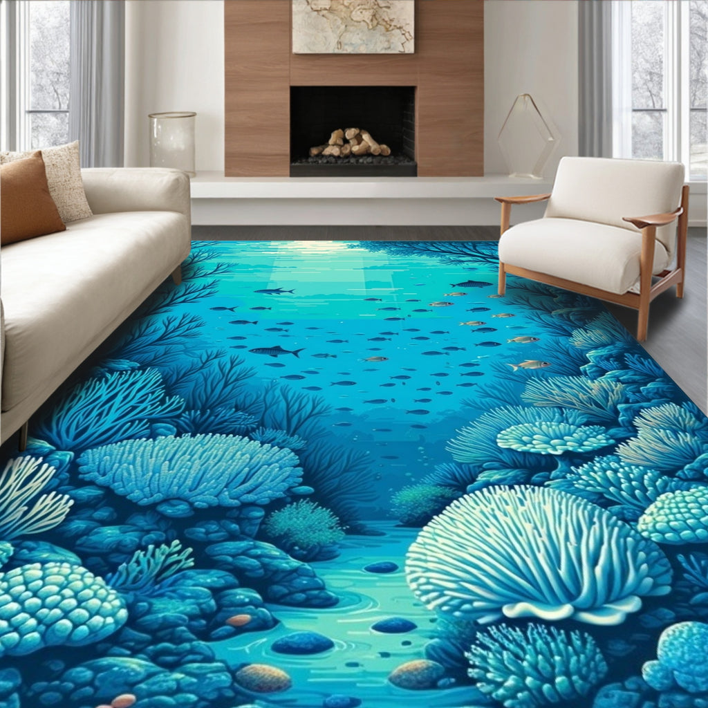 Aquatic Coral Reef Schooling Fish Pattern Rug