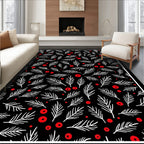 Black White Red Leafy Branch Circles Rug