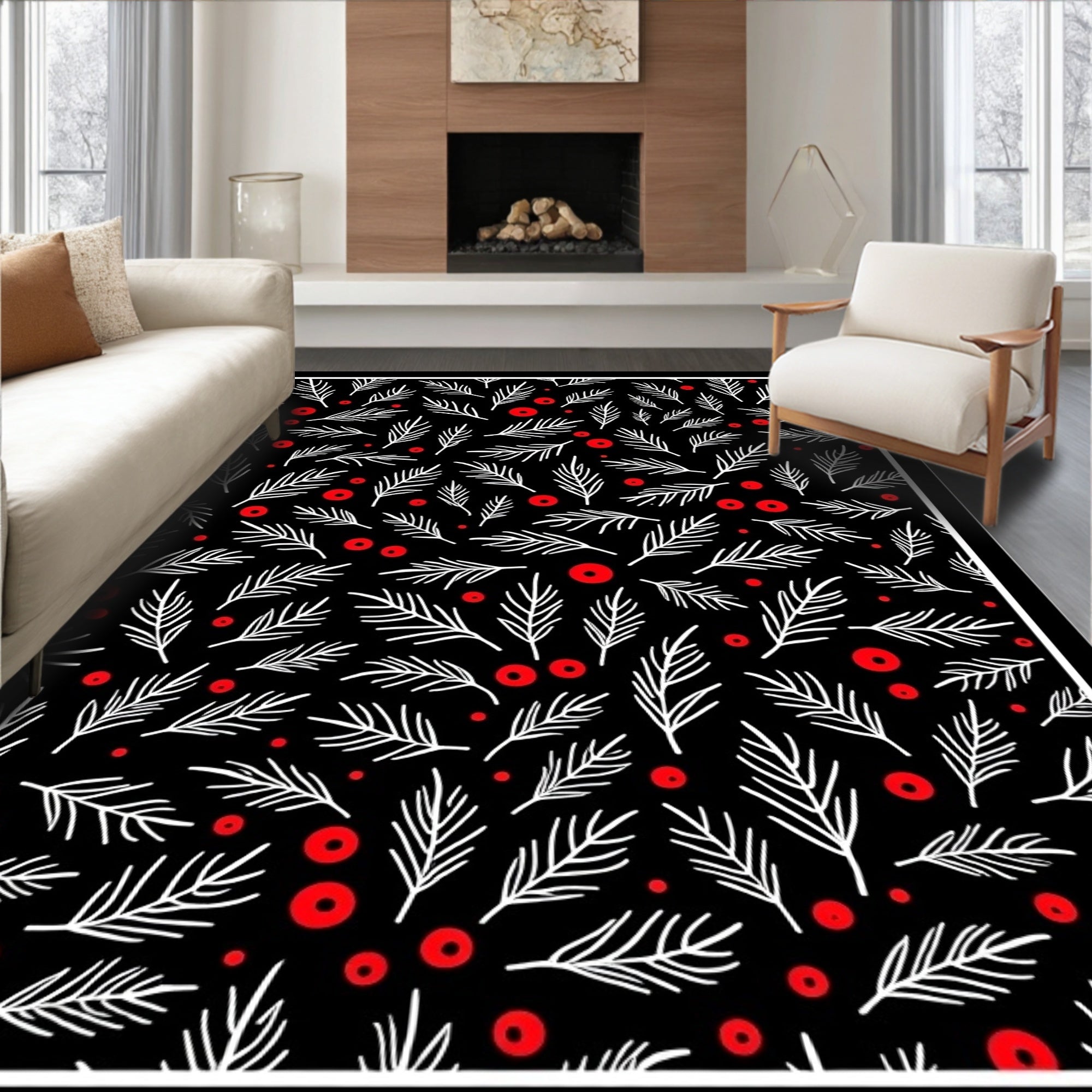 Black White Red Leafy Branch Circles Rug