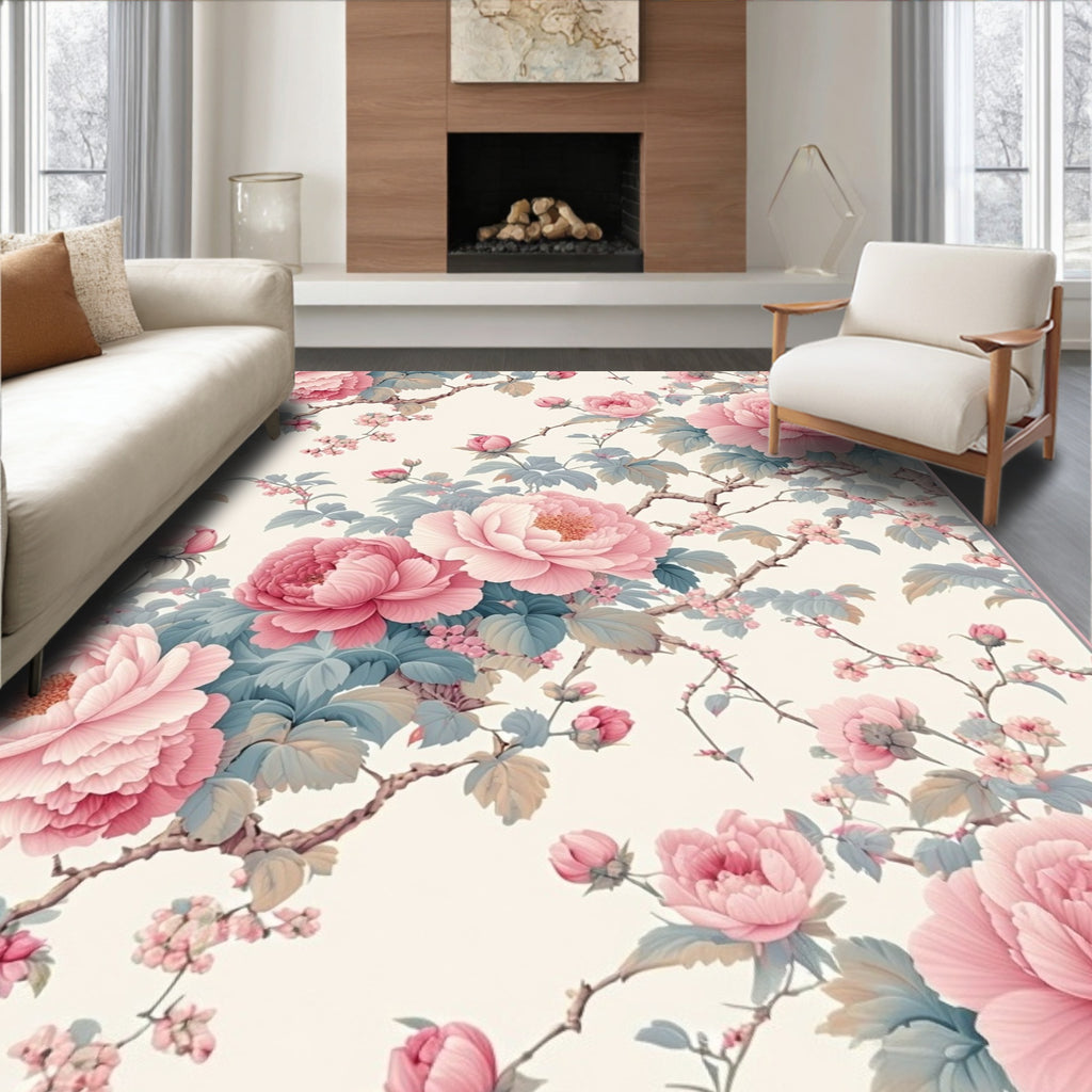 Delicate Pink Chinoiserie Floral Branches Rug