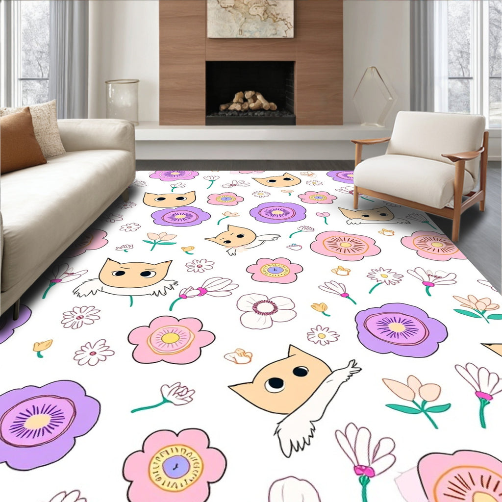 Whimsical Cat Flower Garden Pattern Rug