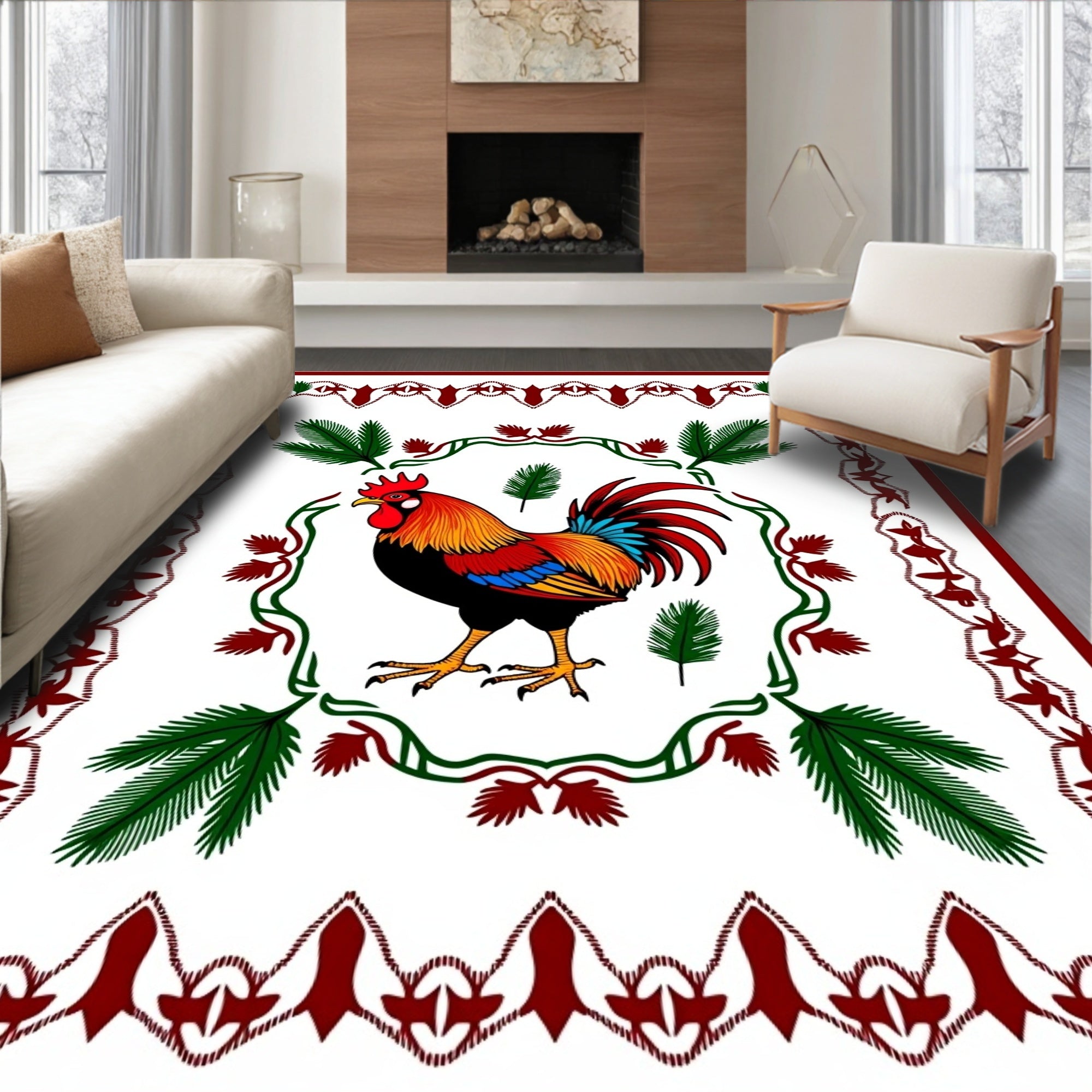Radiant Rooster with Greenery Border Rug