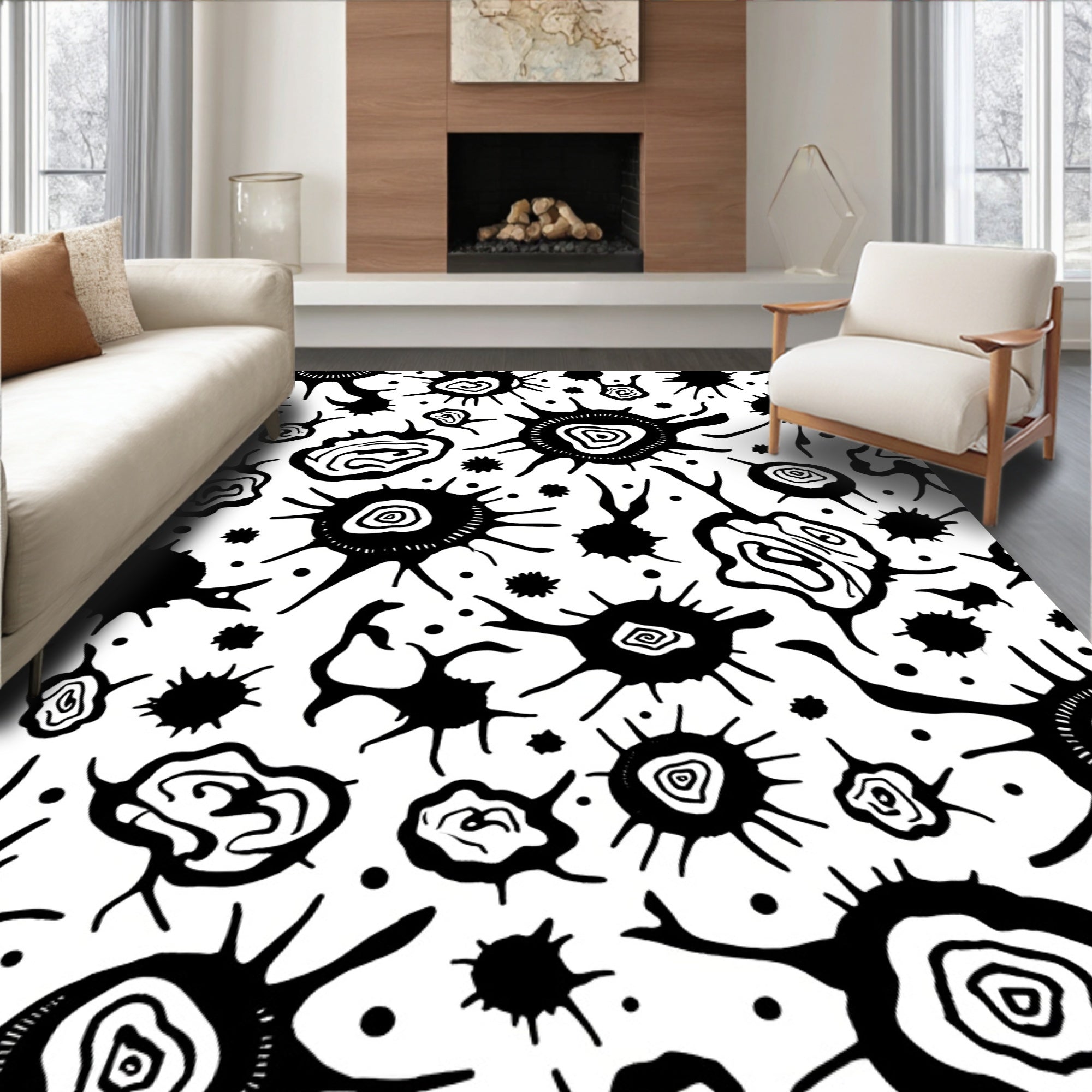 Organic Abstract Black White Splash Pattern Rug