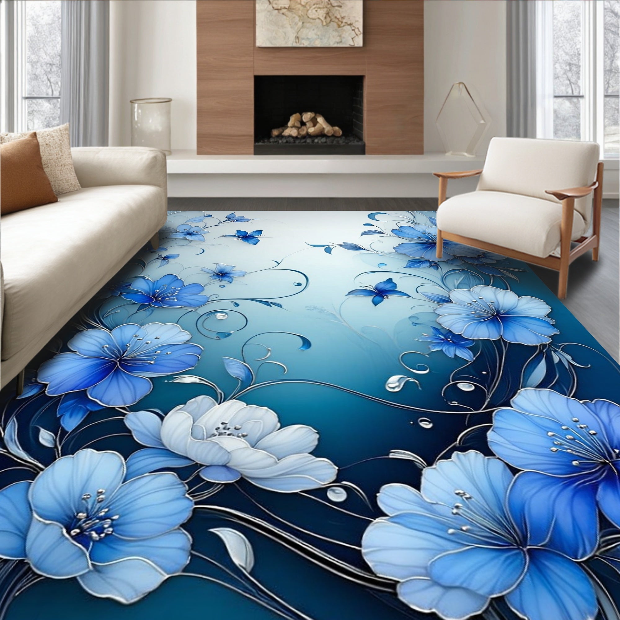 Elegant Blue Floral Swirls Design Rug