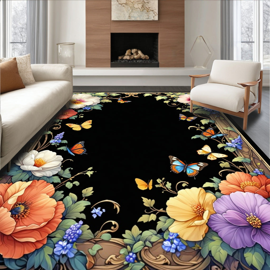 Vibrant Floral Butterflies Garden Design Rug