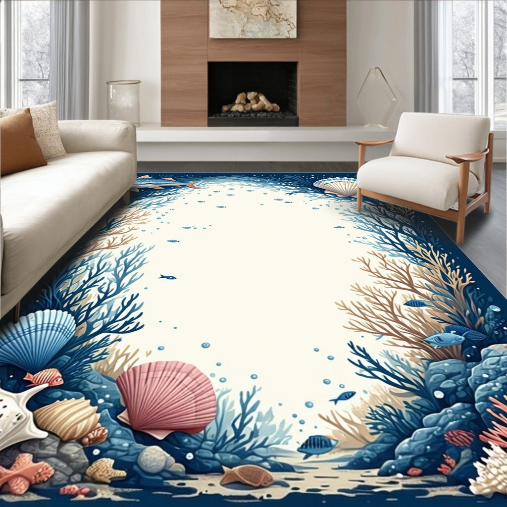Oceanic Life With Seashells Fish Design Rug