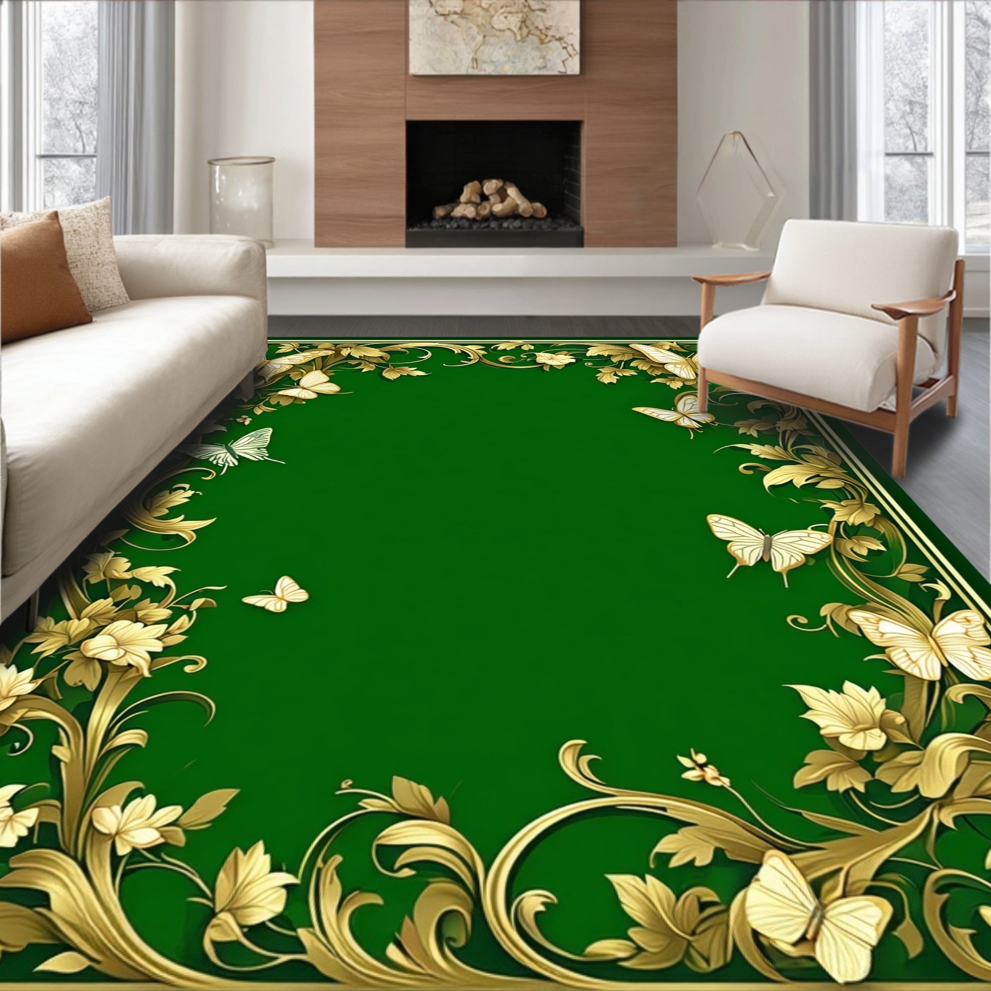Golden Butterfly Floral Vines Design Rug