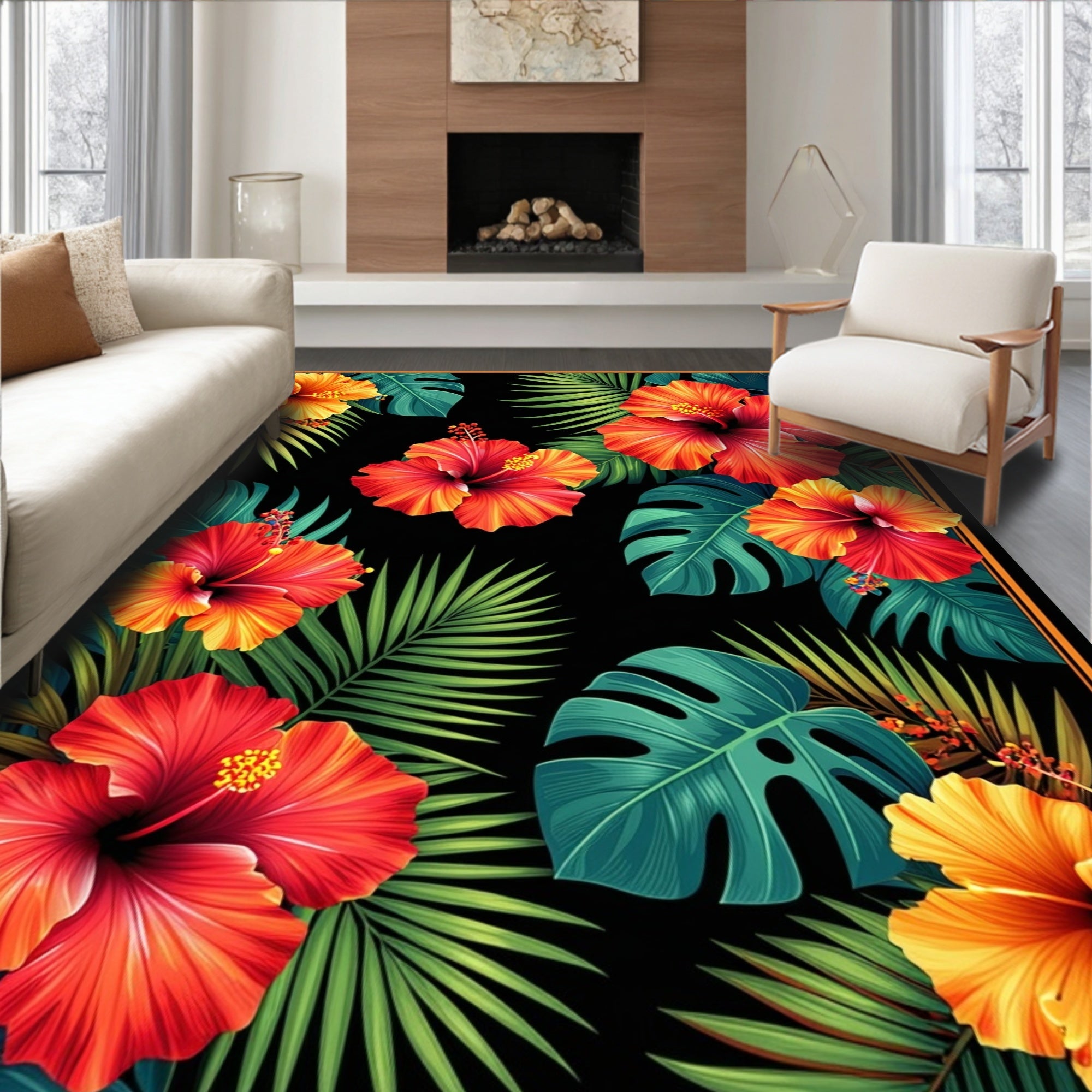 Vibrant Tropical Hibiscus Floral Design Rug
