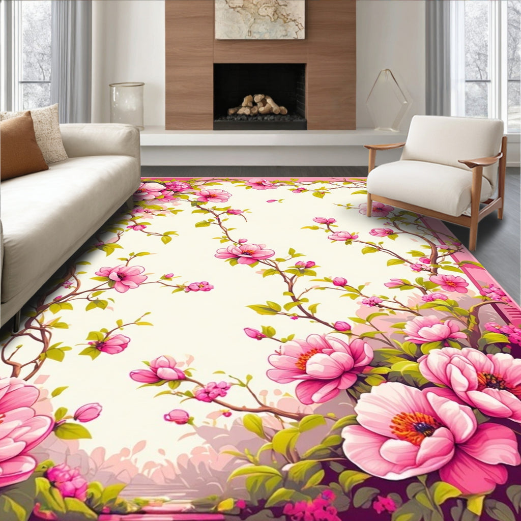 Vibrant Pink Flower Vine Border Rug