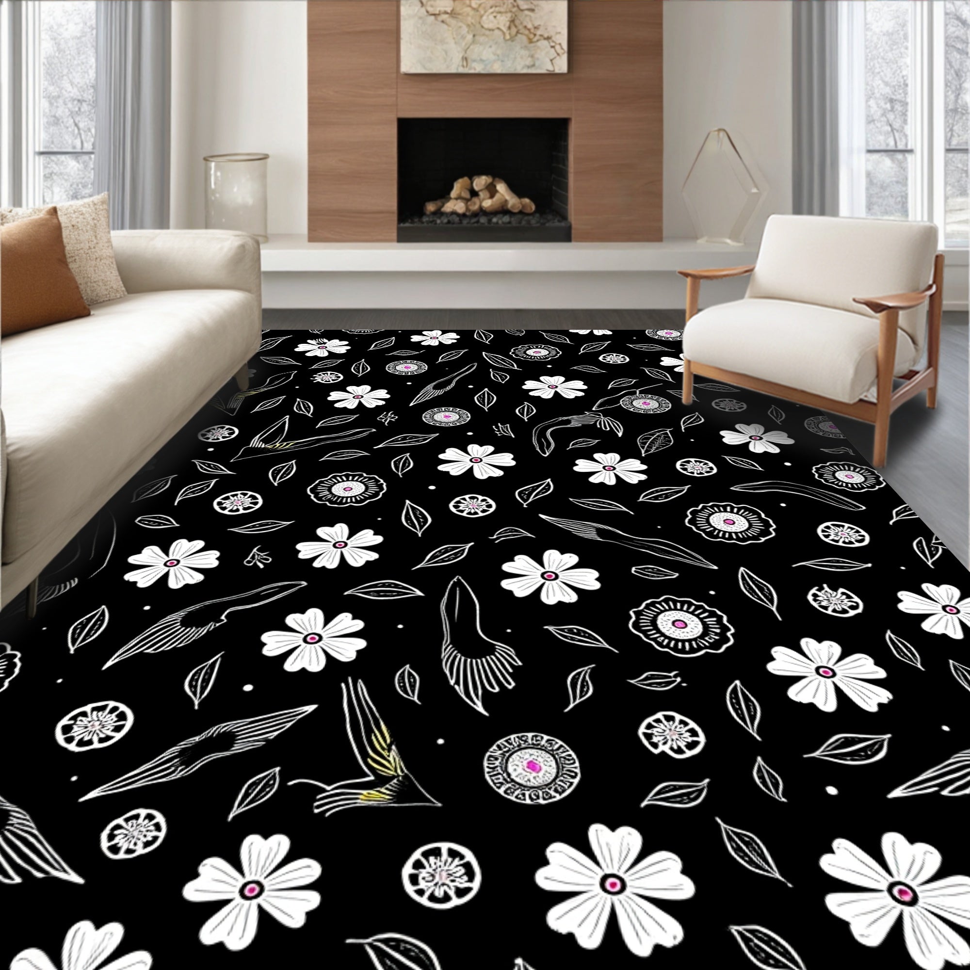 Whimsical White Floral Pattern Black Rug
