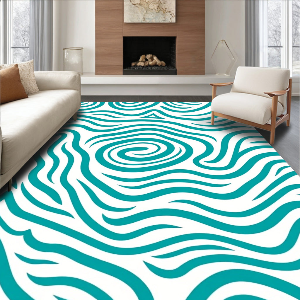 Abstract Teal Swirl Line Pattern Rug