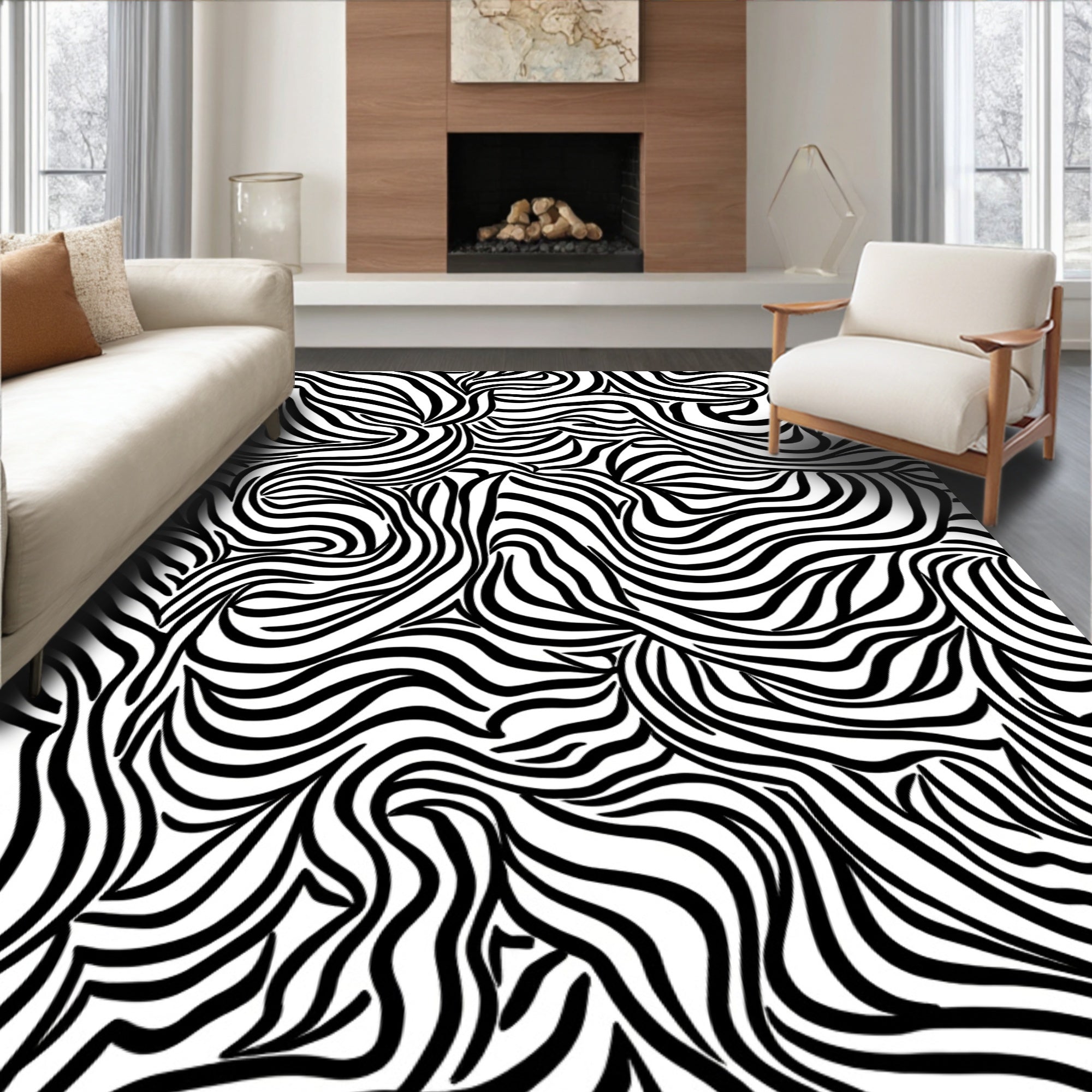 Abstract Black White Wavy Stripes Rug