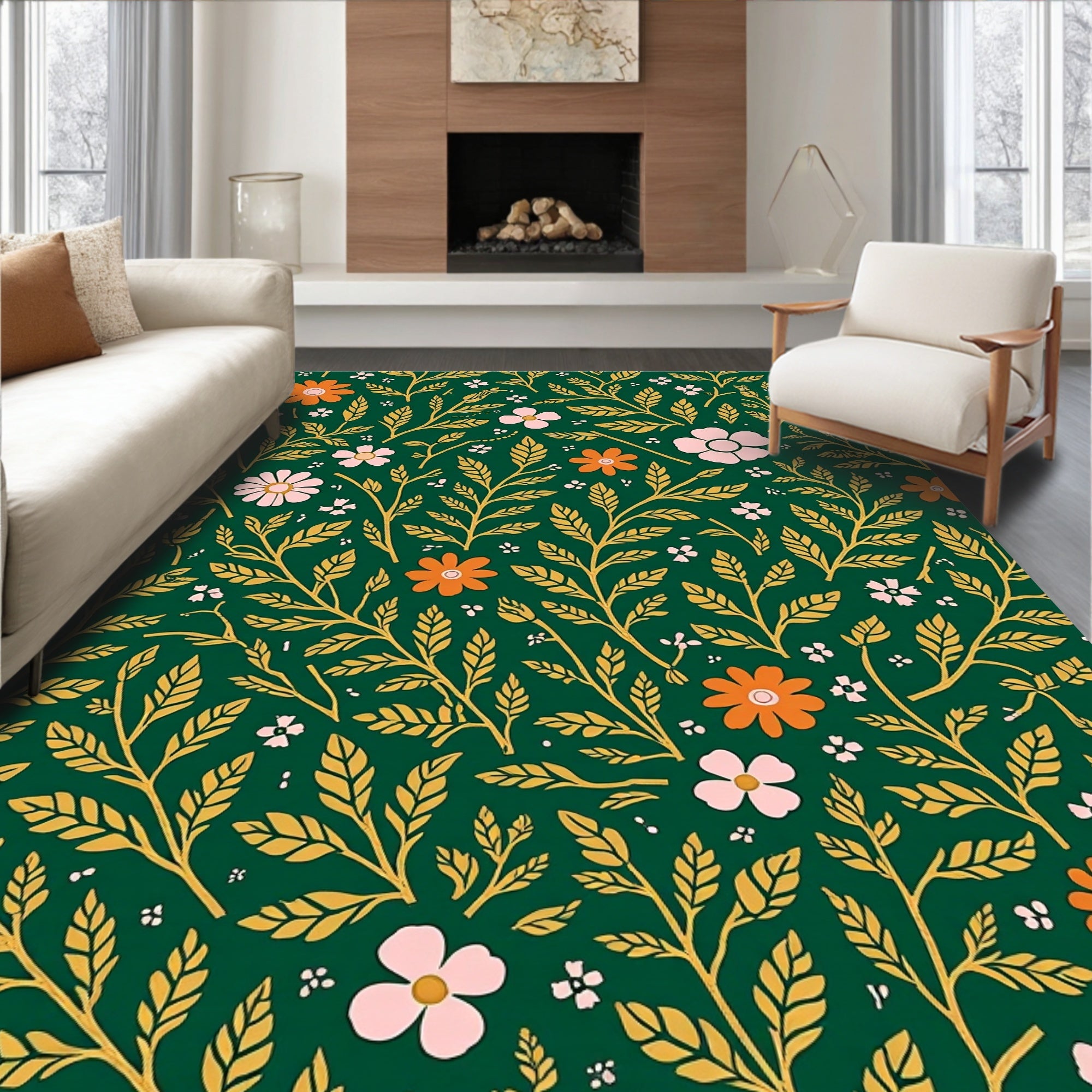 Forest Green Floral Botanical Pattern Rug