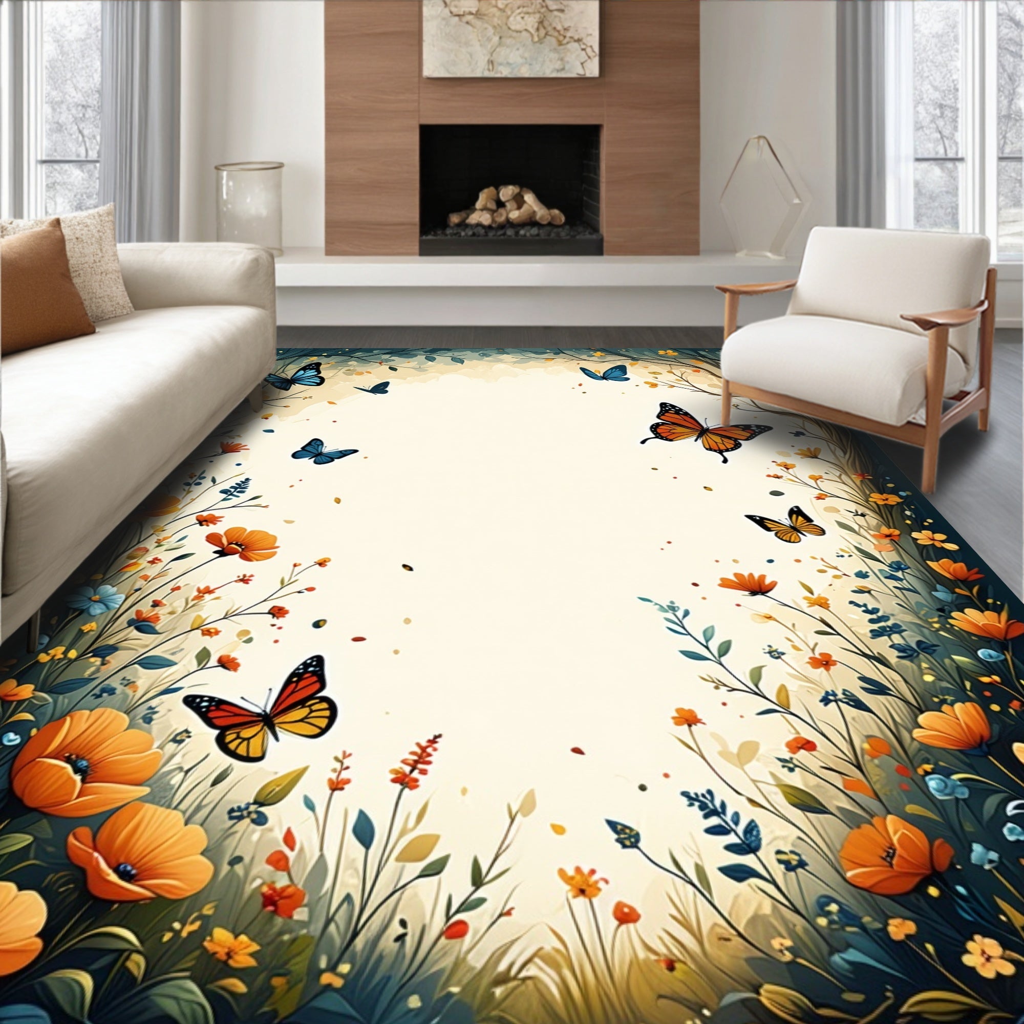 Vibrant Floral Butterfly Nature Design Rug