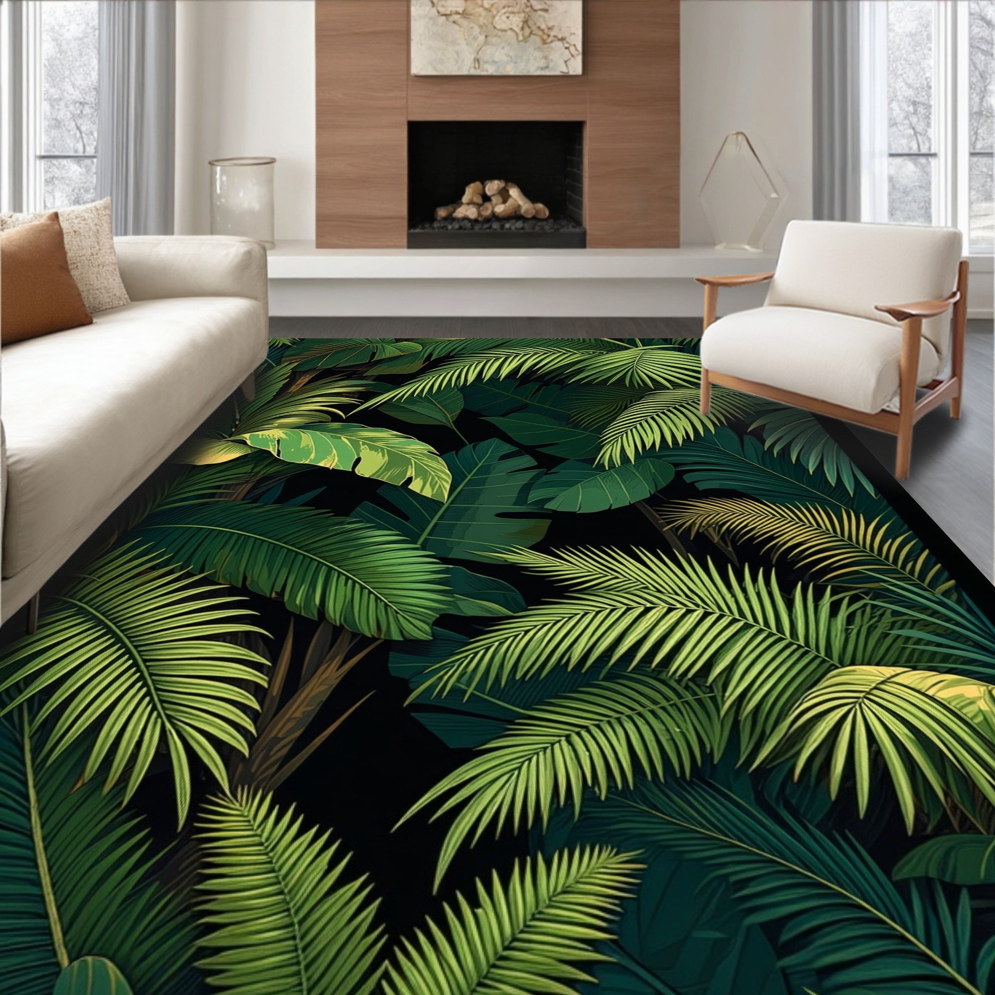 Lush Green Tropical Leaf Pattern Rug